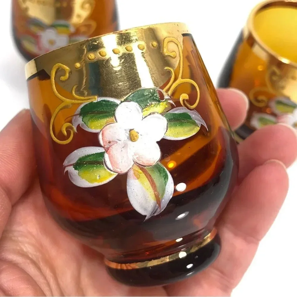 Bohemian Amber Glass Gold Gilding Raised Hand Painted Floral Design Shot Glasses